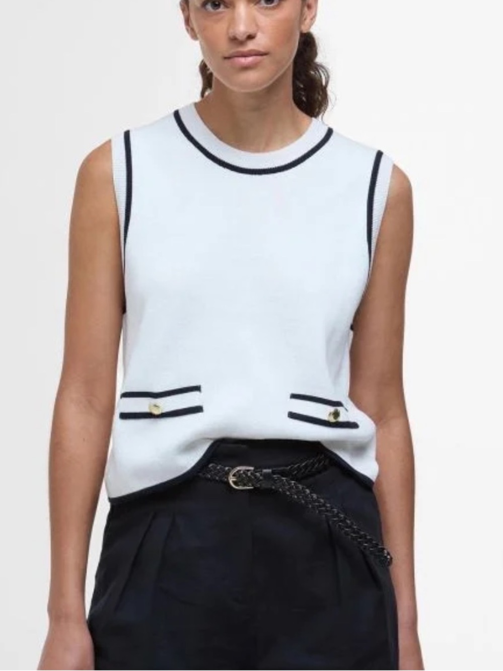 Barbour White Knit Tank with Navy Trim and Pocket Detail